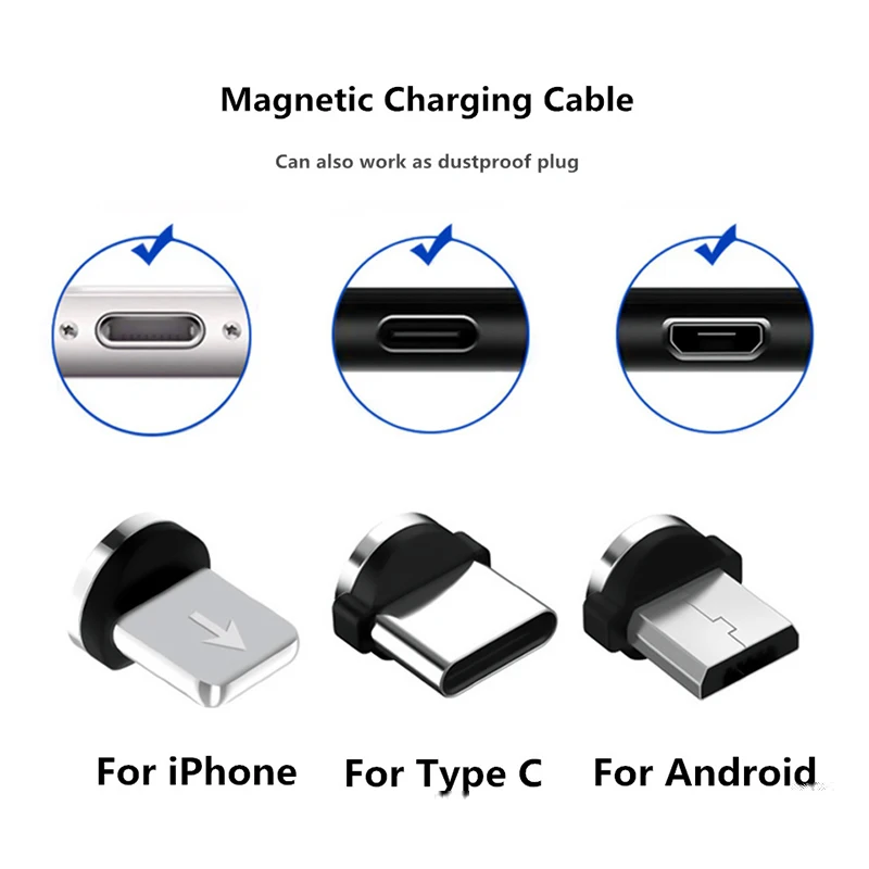 Magnetic Cable Plug Micro USB Type C USB C 8 pin Plug Fast Charging Magnet Charger Cord Plugs Round Magnetic Cable plug