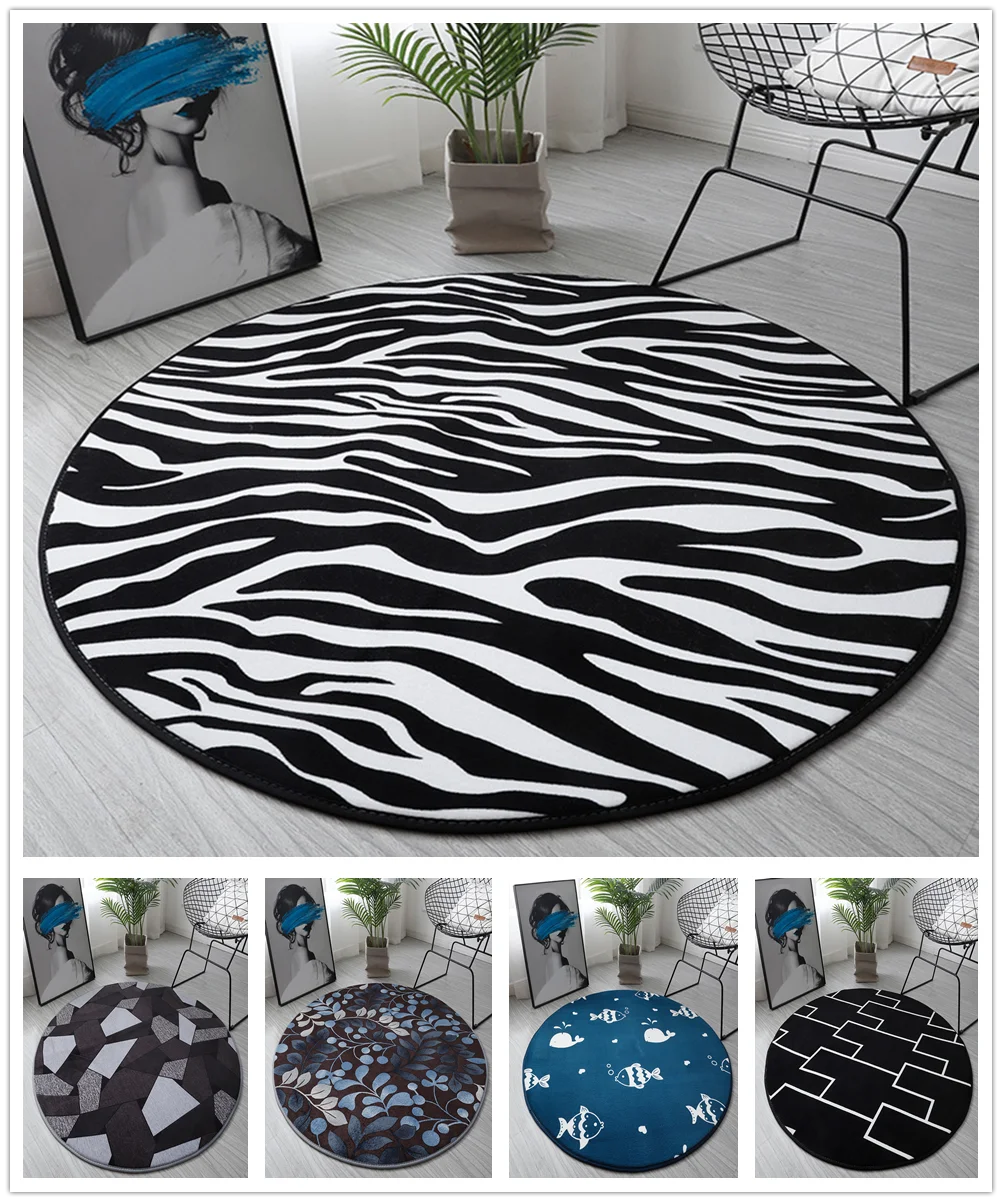 Zebra Print Round Carpet Black White Living Room Area Rug Chair Mat Flannel Anti-slip Kids Bedroom Rug Bathroom Bath Mat