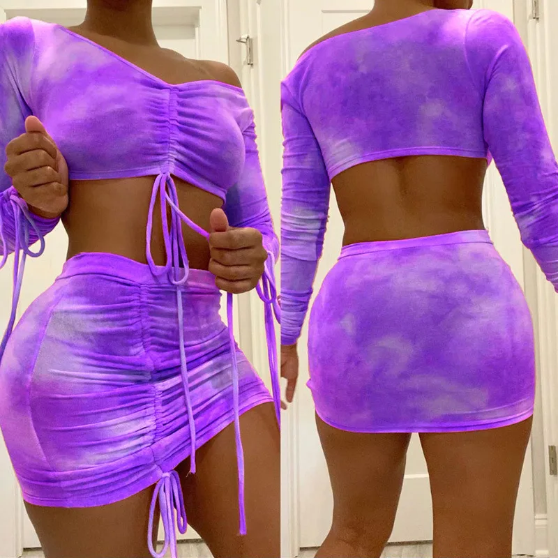 BKLD Off The Shoulder Long Sleeve Crop Tops And Skirts Tie Dye Two Piece Sexy Drawstring Ruched Women 2 Piece Set Party Clubwear
