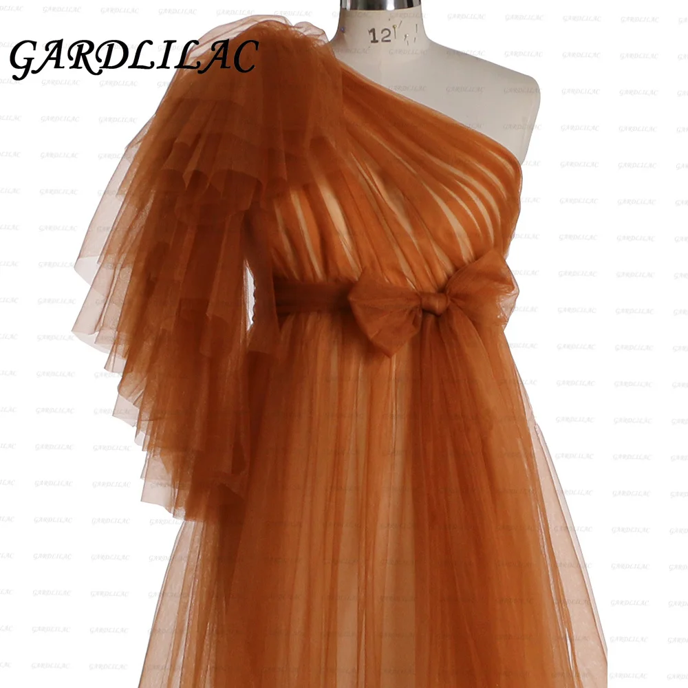 Gardlilac One Shoulder Tulle Prom Dresses Pregnant Woman Evening Dresses Long Pleated Ruffles Formal  Wedding Dresses For Woman