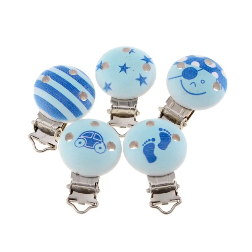 5PCs Baby Pacifier Clips Blue Star print Wood Metal Holders Cute Infant Soother Clasps Funny Accessories 4.8x2.9cm