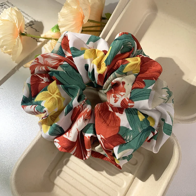 Spring Summer Big Leaf Flower Print Elastic Hair Rope Holiday Hair Band Ponytail Holder Vintage Hair Scrunchies Thick Hair Gum