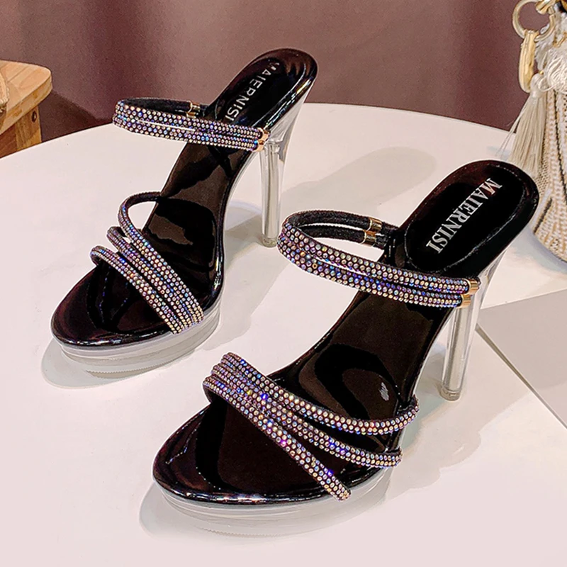 Voesnees Summer Crystal Sandals Slippers Women High Heels 10CM Colored Diamond Party Sandals Nightclub Platform Steel Pipe Shoes