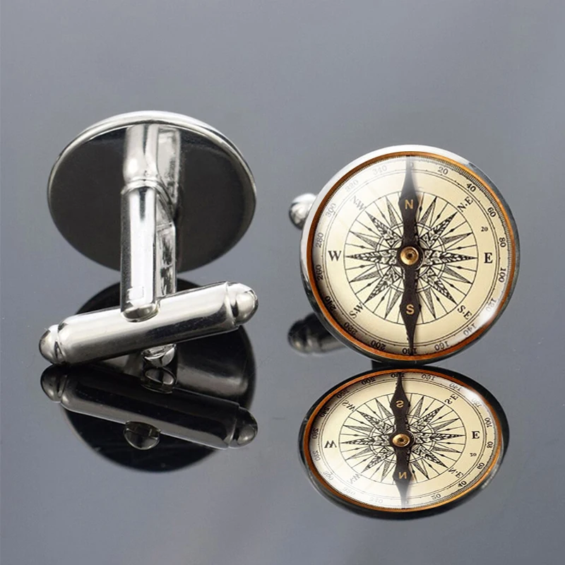 Vintage Compass Picture Print Cufflinks Men Fashion Wedding Cufflinks Suit Cuff Link Accessories Gift for Him (not real compass)