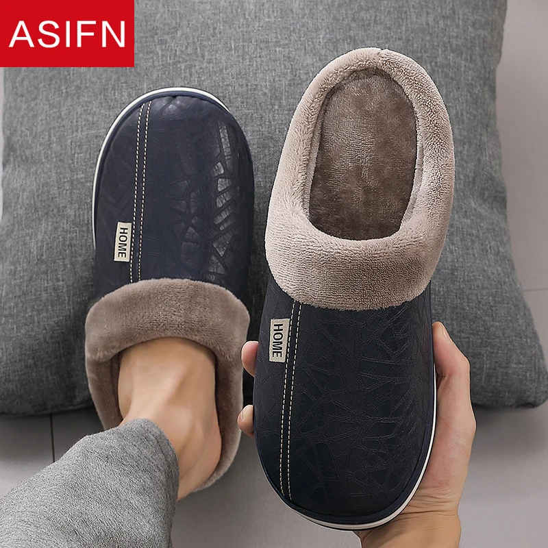 ASIFN Big Size for Men's PU Leather Slippers Indoor Waterproof Home Fur Male Couple Flat Women Men Winter Slipper Cotton Shoes