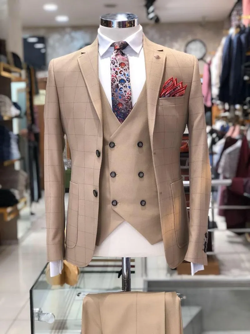 Custom Made Men's Suit 2020 Wedding Tuxedos Formal Plaid Best Man Suits Groom Wear Tuxedos 3 Pieces Suits (Jacket+Pants+vest)