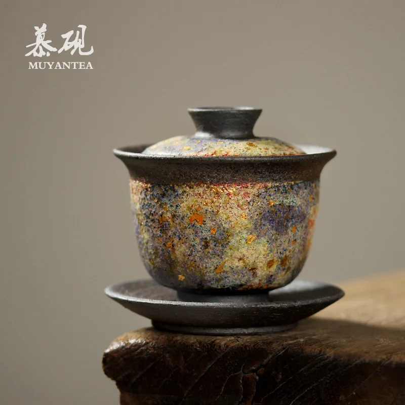 cover bowl tea cup firewood burning hand made Sancai bowl single tea bowl retro coarse pottery tea set can be raised