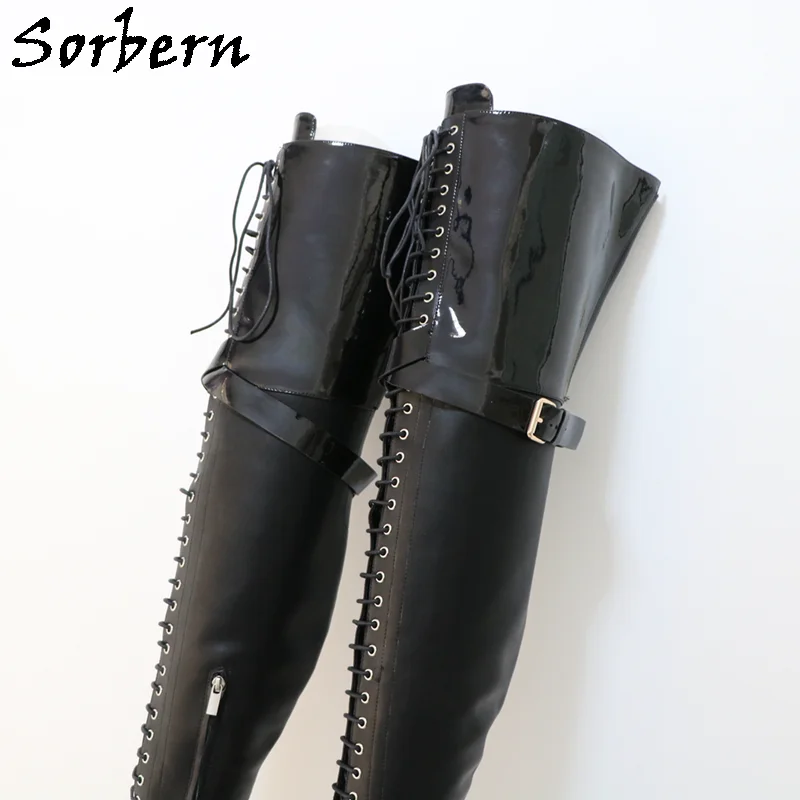 Sorbern 30Cm Metal High Heel Boots Unisex Crotch Thigh High 75Cm Real Leather Women Long Platform Boots Half Zipper