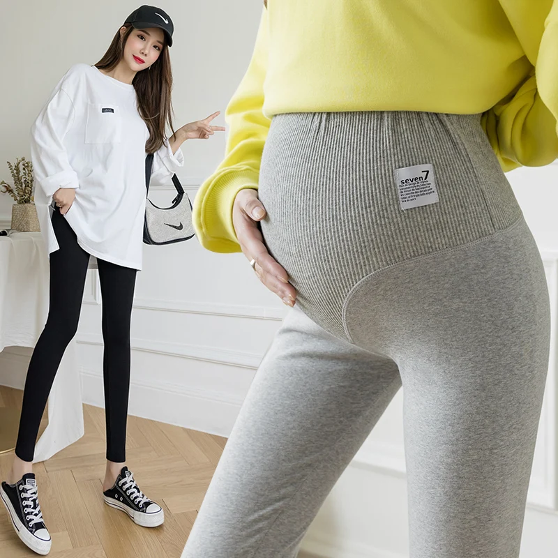 

8081# Autumn Knitted Cotton Maternity Skinny Legging High Waist Belly Pencil Pants Clothes for Pregnant Women Casual Pregnancy