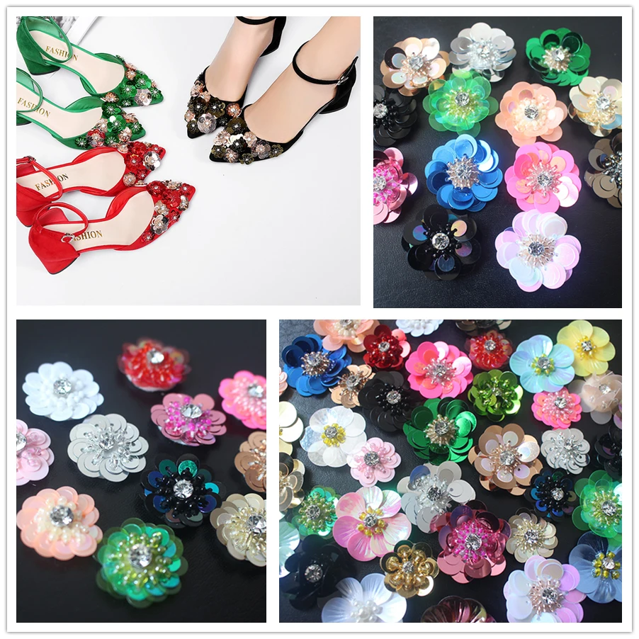 handmade sequin flowers applique patches for decoration High heels shoes stickers flowers  parches termoadhesivos para ropa