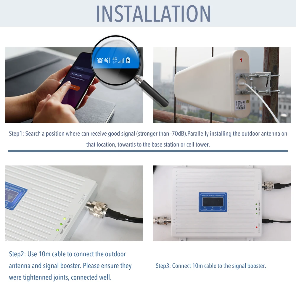 110-220V Tri Band Amplifier 900 1800 2100 GSM DCS WCDMA 2G/3G/4G LTE Universal Signal Booster Intelligent Repeater Kit Tools