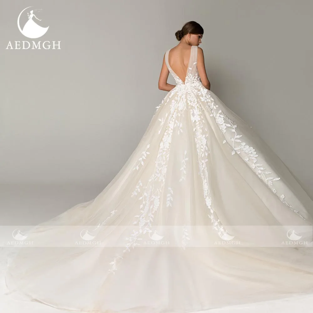 Aedmgh Ball Gown Wedding Dresses V-Neck Sleeveless Lace Appliques Court Train Vestido De Novia Classic Custom Made Bridal Gown