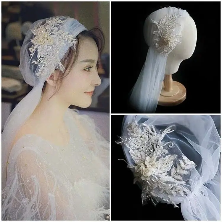 Bride wedding retro champagne color lace Appliques Beaded veil headdress super fairy beautiful  yarn bridal hair accessories