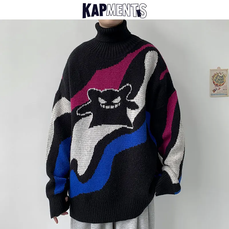 

KAPMENTS Men Wool Knitted Turtleneck Sweater 2023 Winter Mens Cartoon Printed Japanese Sweaters Man Casual Long Sleeve Pullovers