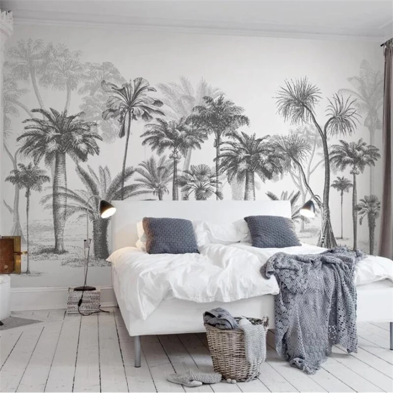 

wellyu Custom large mural black and white sketch style tropical rain forest coconut tree nordic tv background wallpaperper