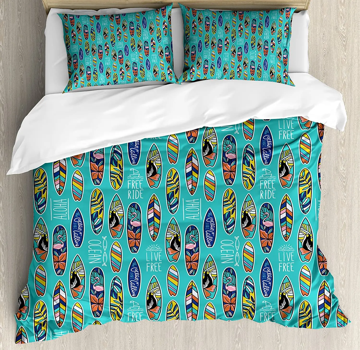 

Surfboard Duvet Cover Set Aloha Hawaii Live Free Ocean Water Sports Inspired Pattern Coastal Inspirations Bedding Set Multicolor