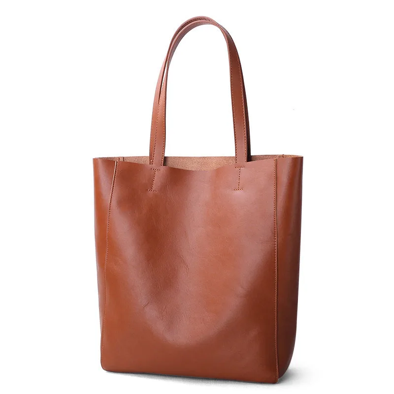 Women Genuine Leather Handbag Female Casual Tote Lady Cowhide Vegetable Tanning Leather Shopping Shoulder Bags