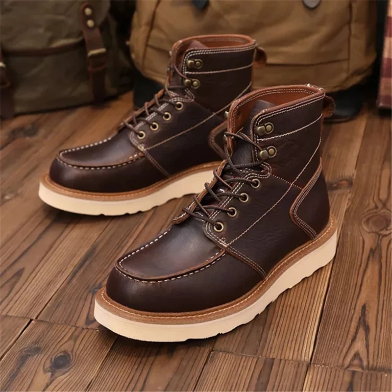 High Quality Japanese Vintage Handmade Men Cow Leather Shoes Autumn Winter Tooling Ankle Boots Platform Work Motorcycle Boots