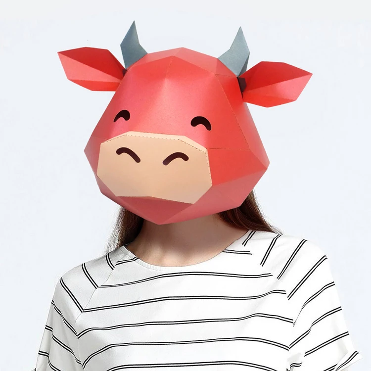 Pre Cut Paper Mask 3D Cute Cow Halloween Costume Cosplay DIY Paper Craft Model Mask Christmas