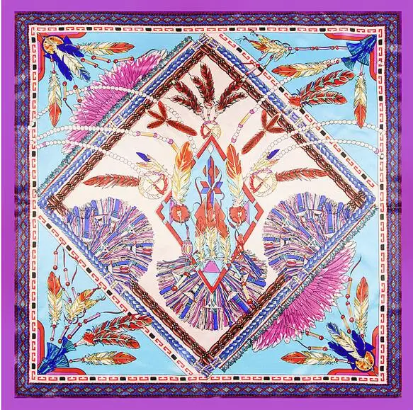 90cm x 90cm Luxury Brand Silk Scarf Women Square Scarves Indian Famous Feather Silk Shawl Wraps Hijab Bandana