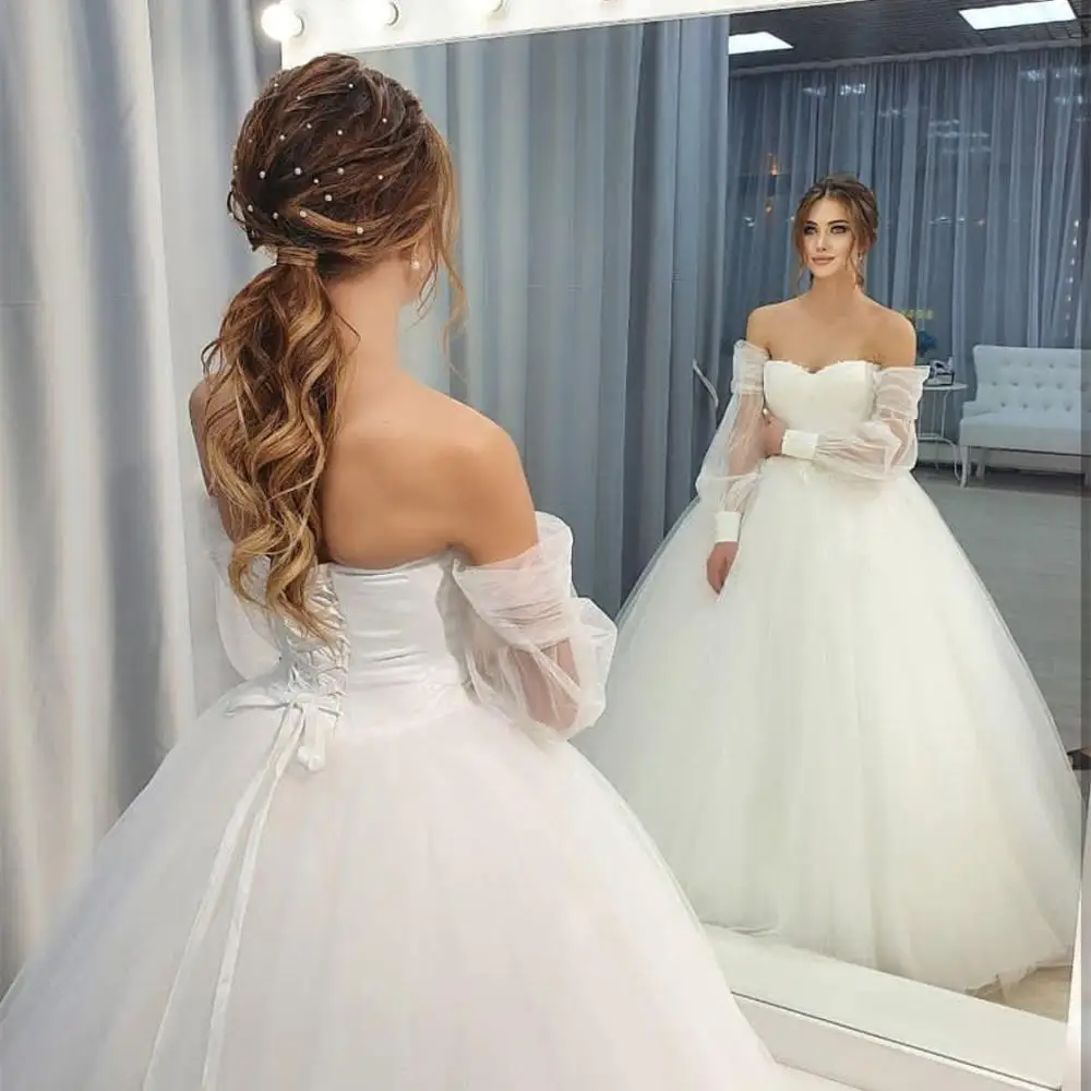 Vestido de novia sin hombros, manga farol, cuello barco largo, línea A, Apliques de encaje, princesa blanca 2021, vestidos de novia con espalda baja de Organza