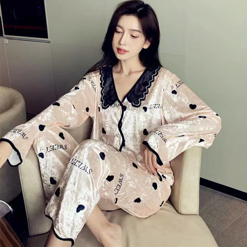 Fdfklak пижама женская New Lovely Gold Velvet Winter Pajamas Women Cute Sleepwear Set Long Sleeve Homewear Pyjama Pour Femme