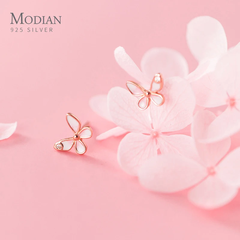 Modian High Quality 925 Sterling Silver Enamel Sweet Cute Dancing Butterfly Stud Earrings for Women Tiny Ear Pin Fine Jewelry