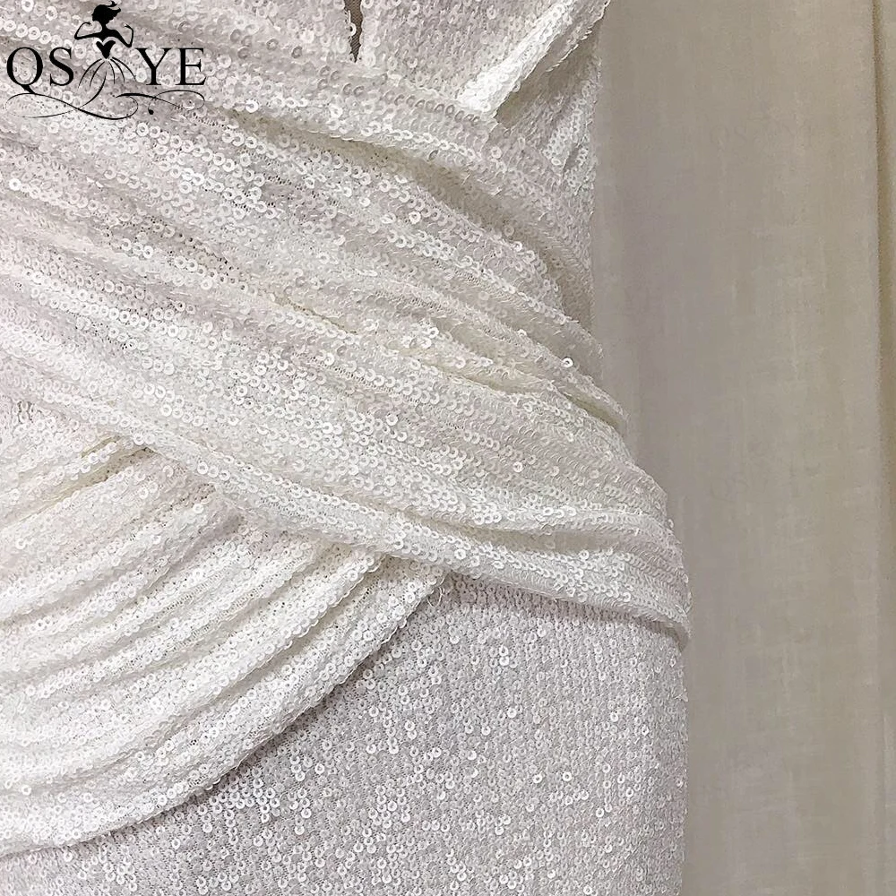 White Sequin Prom Dresses Mermaid CrissCross Waist Evening Gown V Neck Backless Formal Party Gown Ruched Pleat Women Dress Chic