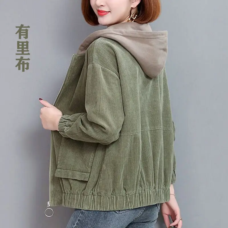 Vintage Corduroy Short Jacket Women Autumn 2022 New Korean Fashion Casual Stitching Hooded Short Jackets With Lining  Velvet Coa