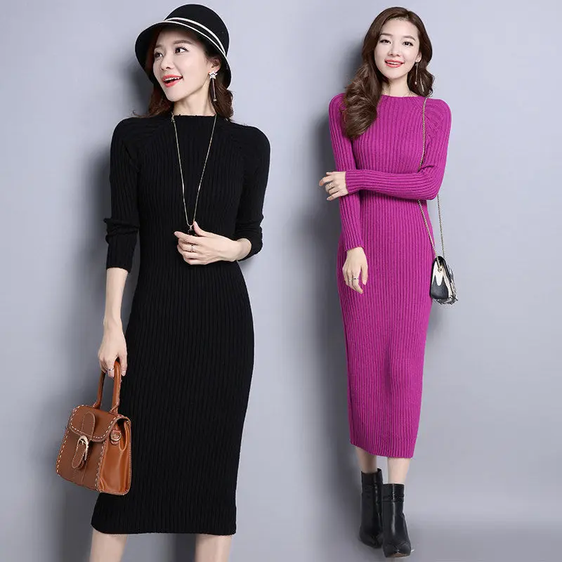 Autumn Woollen Dress Lady Pullover Women's Mid-Length Bottoming Shirt Super Stretchy Slim-Fit Long Dresses for Women Plus Size