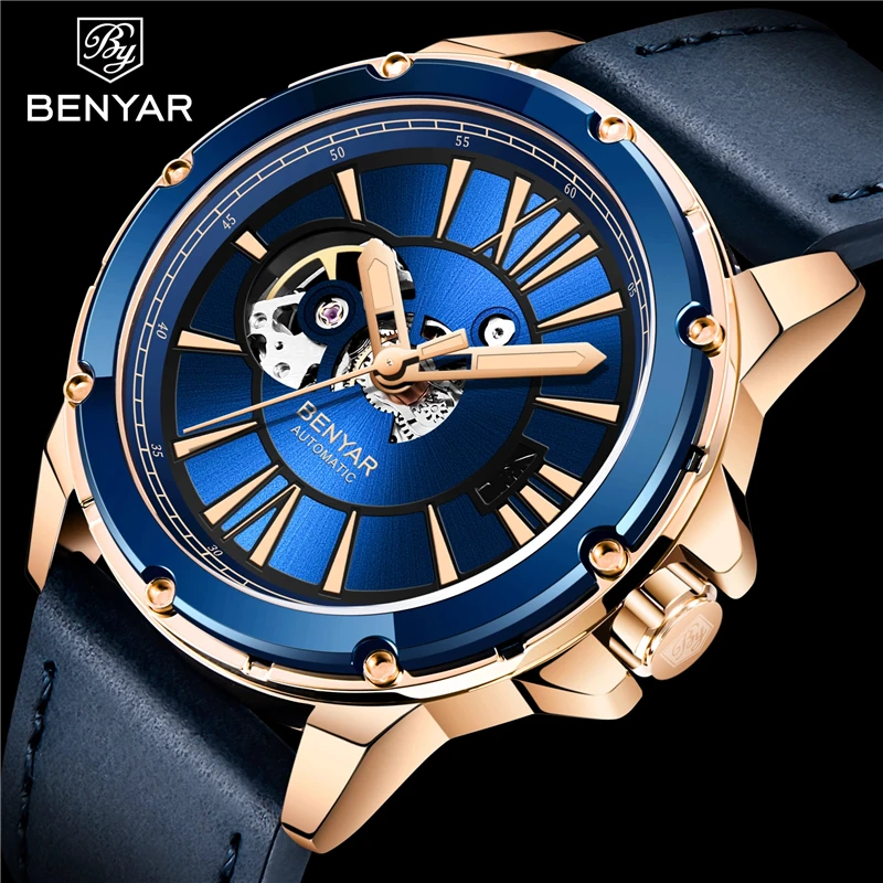 BENYAR Hollow Luxury Men\'s Mechanical Wristwatches Stainless Steel Waterproof Automatic Watch Top Brand Leather Watch for Men