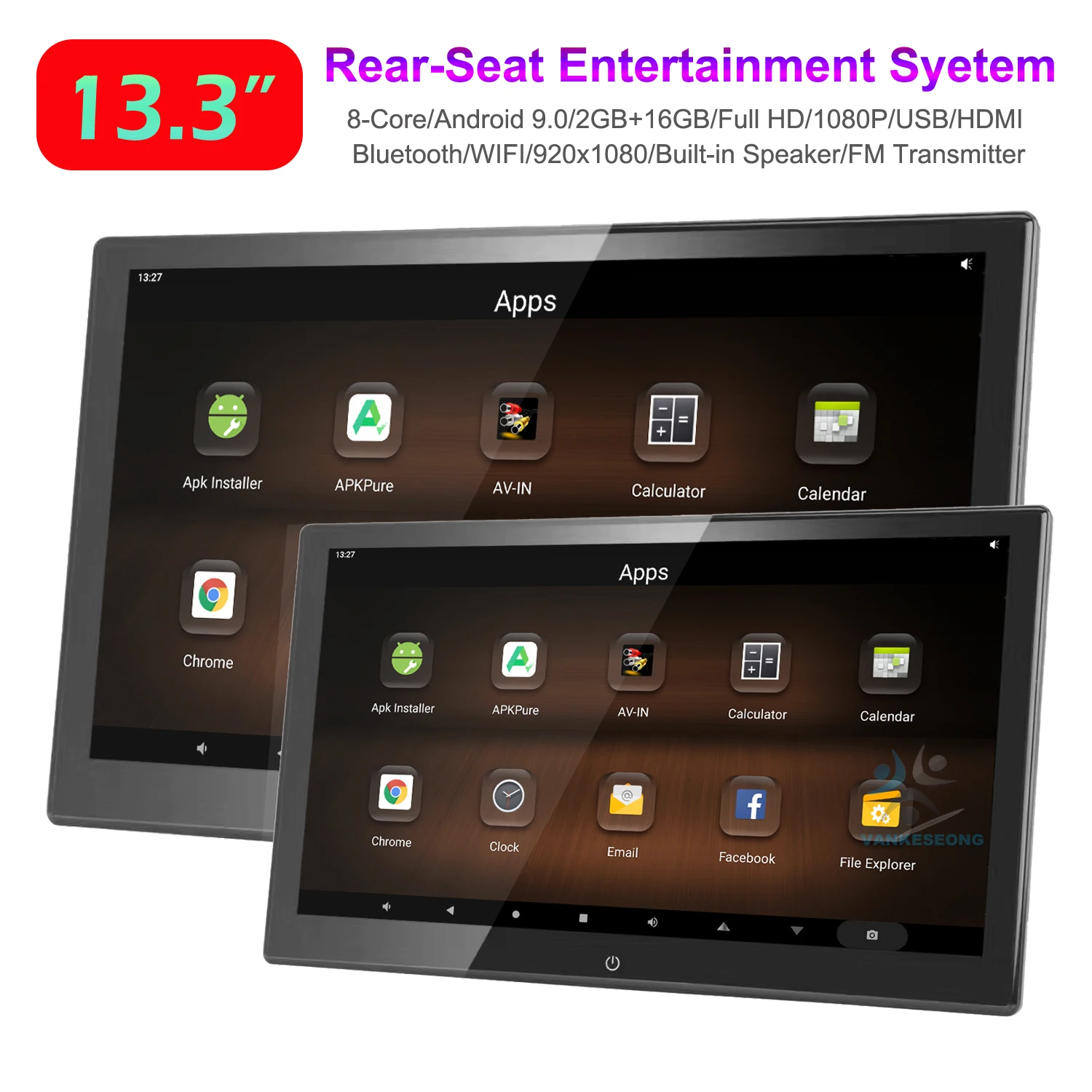 

2PCS 13.3" Android 9.0 Car Headrest Screen Monitor HDMI WIFI Bluetooth USB 1080P