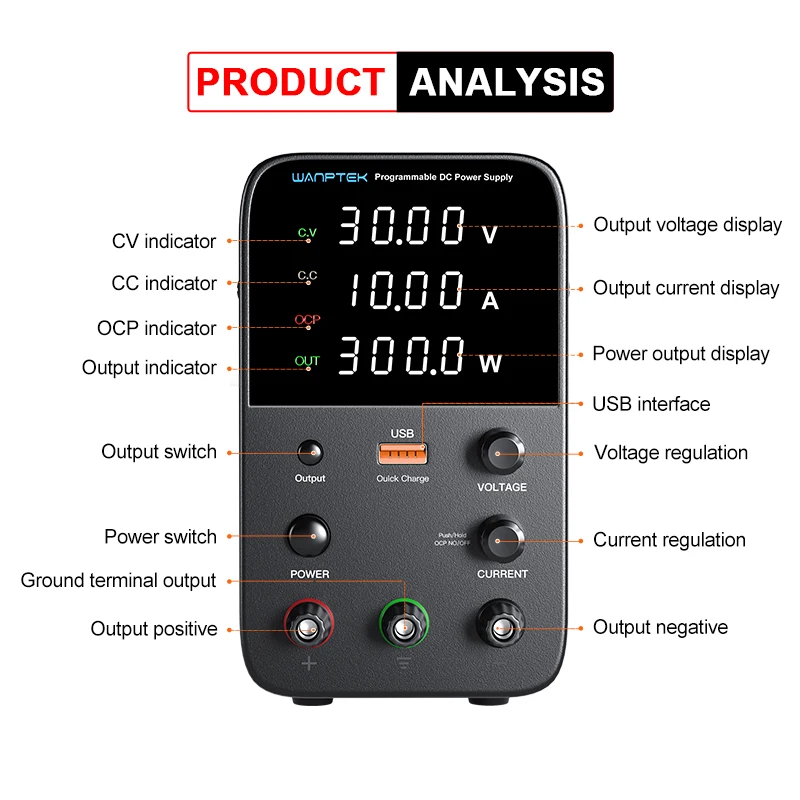Wanptek Programmable DC Power Supply WPS3010H Laboratory Maintenance Workbench 30V 10A Voltage Current Regulator AC 220V 110V