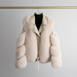 Nuovo inverno di Stile Aviator Moda Giacca di Pelliccia di Volpe Donna In Vera Pelle Naturale Cappotto di Pelliccia con cintura