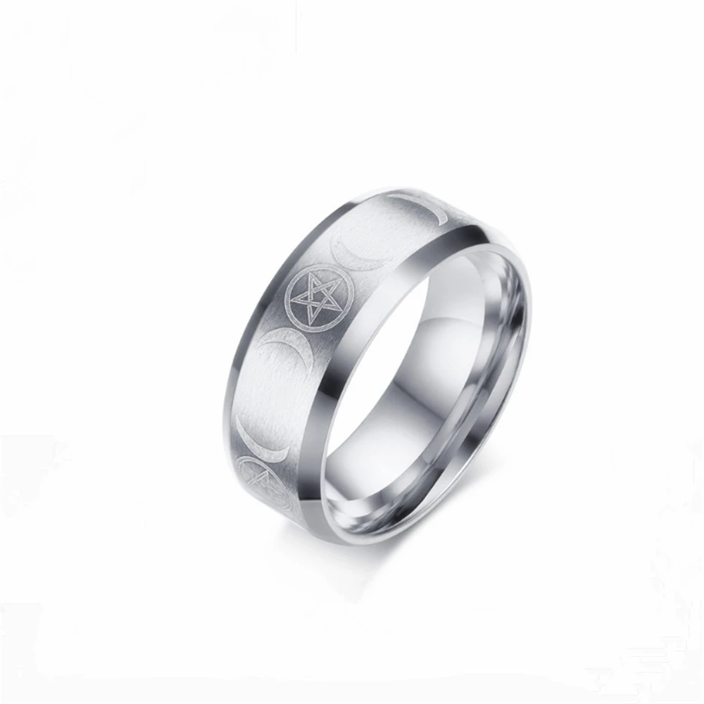 Stainless Steel Triple Moon Goddess Wicca Pentacle Ring Crescent Moon Pentagram Pagan Rings For Women Men Jewelry Freeship