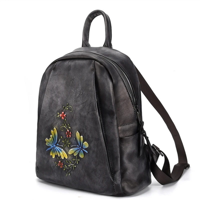 Genuine Leather Women Backpack Cowhide Female Girl Travel Bag High Quality Vintage Coffee Red Black Flower Pattern M80055