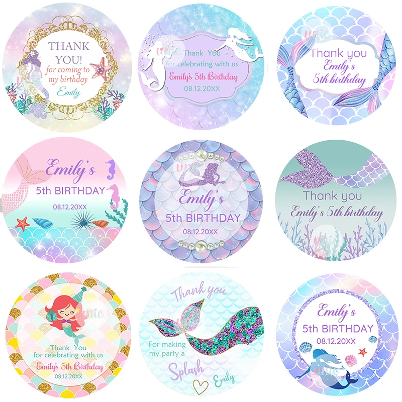 Mermaid Party naklejki na zamówienie etykiety dziewczyna dekoracja urodzinowa etykiety zaprojektuj dowolny tekst Baby Shower Little-Mermaid Sticker