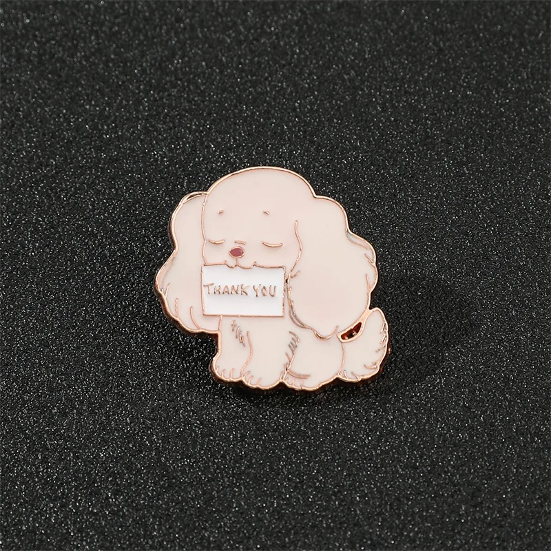 Cute Anime Cartoon Pink Puppy Dog Metal Brooch Engrave Thank you Letter Enamel Lapel Pin Badge Pins Hats Backpack Jewelry