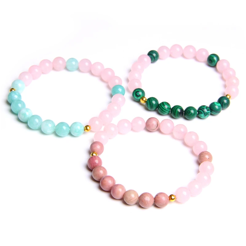 Pink Quartzs Beads Streche Bracelets For Women Crystal Mixed Bangles Rhodochrosite Malachite Natural Stone Bracelet Jewelry