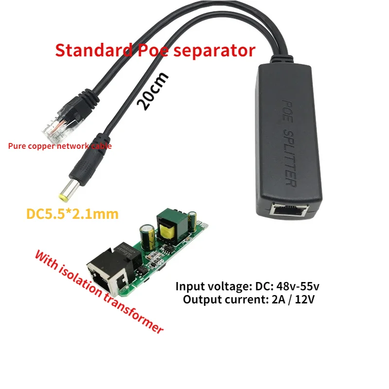 

Разветвитель PoE IEEE802.3at/af, адаптер питания по сети Ethernet для IP-камеры 80x27x2, 2 мм/3.15x1.06x0.87in, изолированный POE от 48 до 12 В, 10/100 м