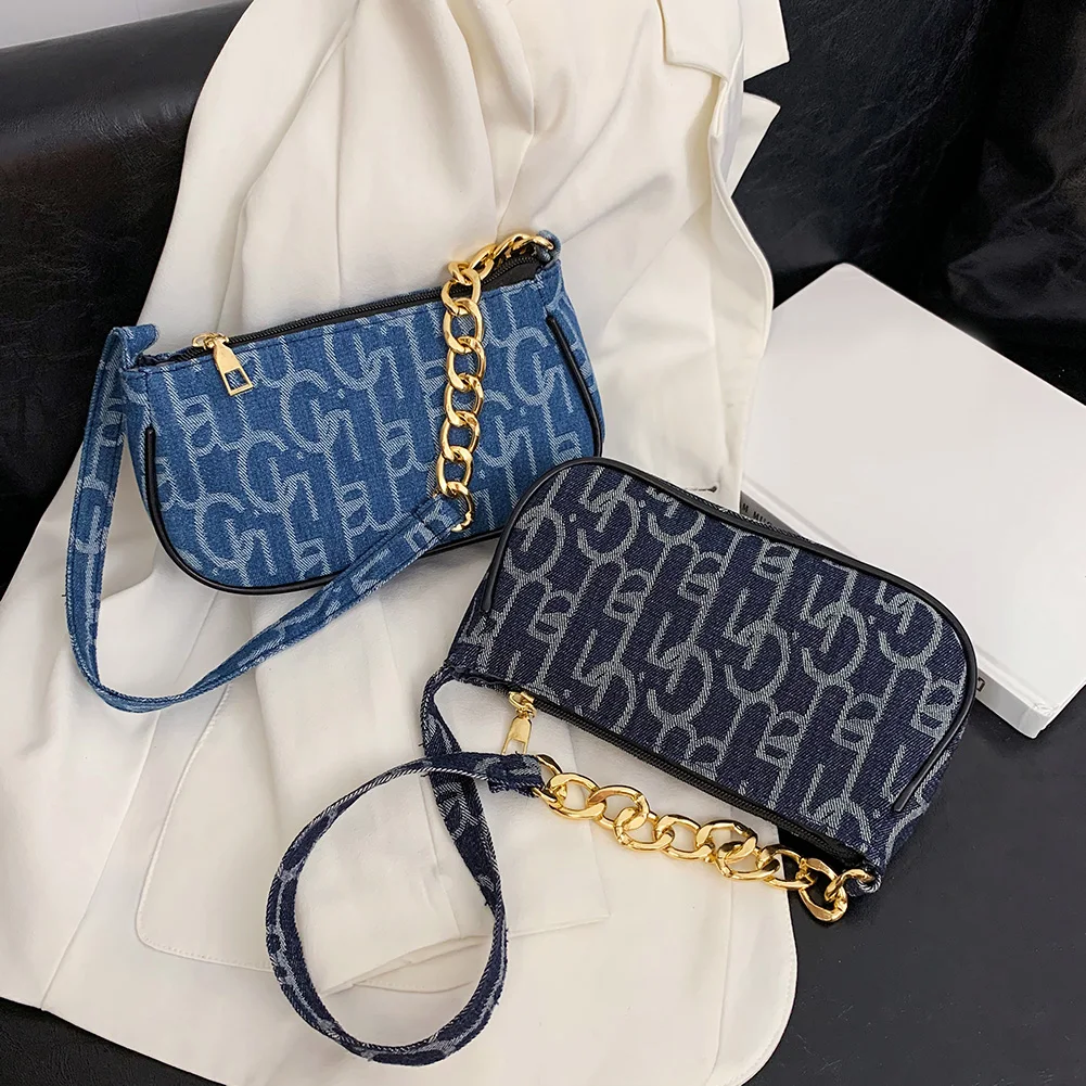 Women Letters Printing Design Denim Shoulder Bag Zipper Chain Small Purse Handbags Ladies Elegant Casual All-match Underarm Bags