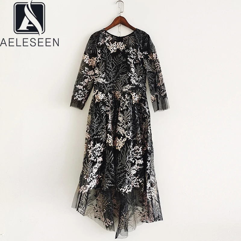 

AELESEEN High Quality Flower Embroidery Summer Dress Runway Fashion 3/4 Sleeve Mesh Elegant Midi Dovetail Irregular Dresses