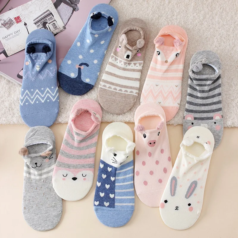 Fashion cartoon lion unicorn cat fox rabbit dog socks cute animal female socks summer funny short ankle socks ladies cotton sock