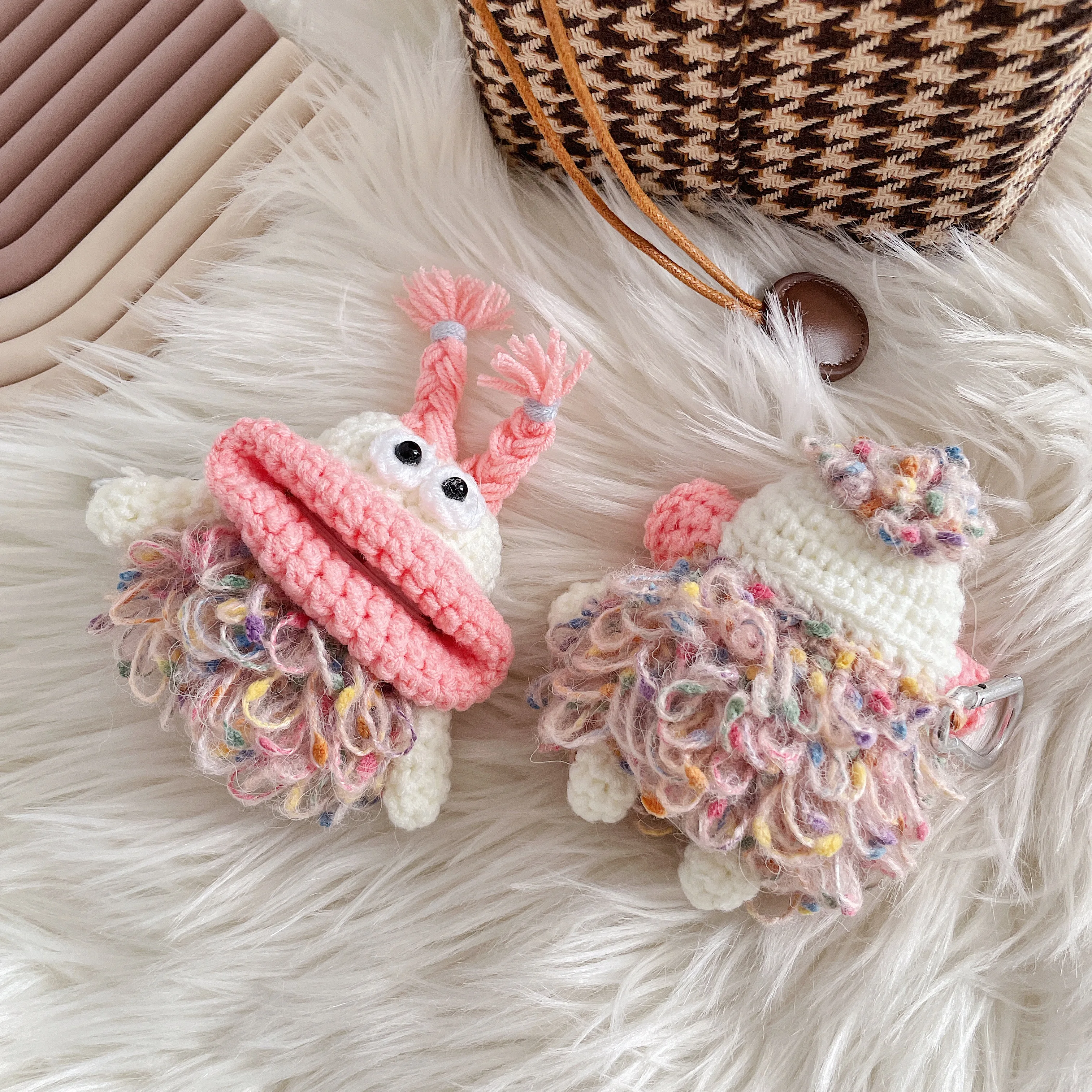 Knitting Pink Sausage Mouth Plush Warm soft Earphone Case For Airpods 1 2 3 Pro Case Cartoon Wireless Bluetooth Protective Cover