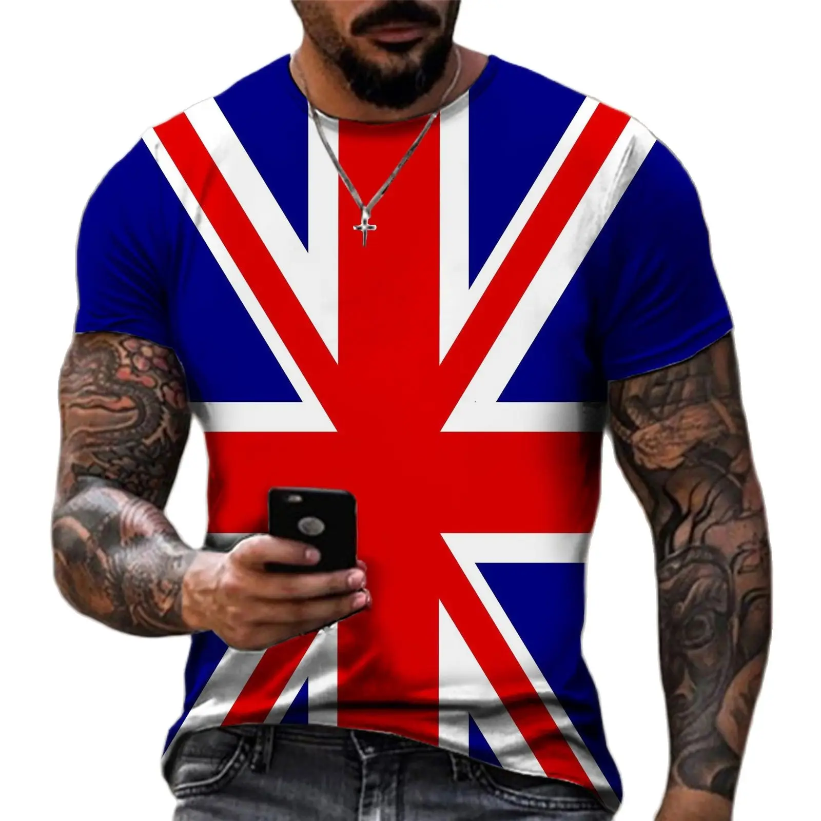 2022 Fashion British Flag Printing T-shirt England Color-blocking T Shirts Slim T-shirt Casual Short Sleeve Tee