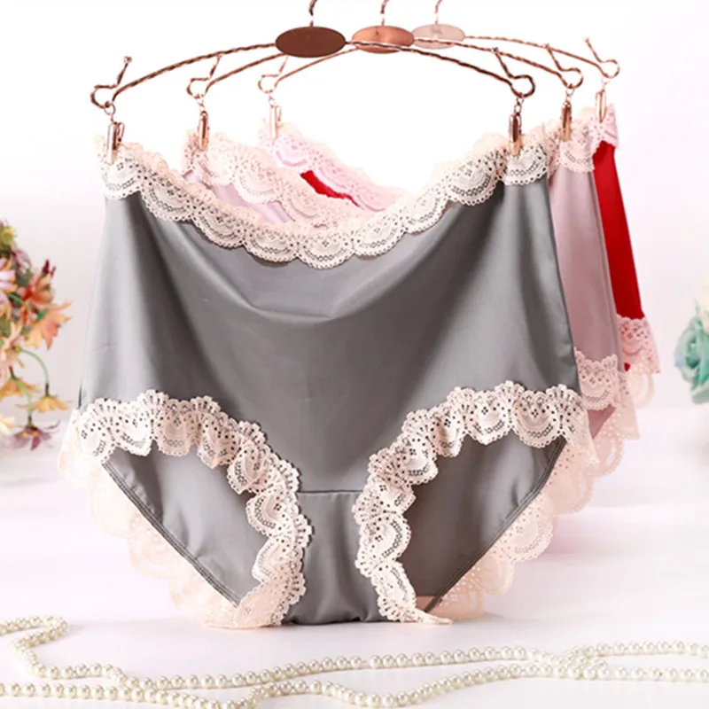 

3Pcs/lot High-grade Satin Ice Silk Soft Breathable Lace Sexy Lingeries Underwears Women Panties Sets Plus Size6XL Female Briefs