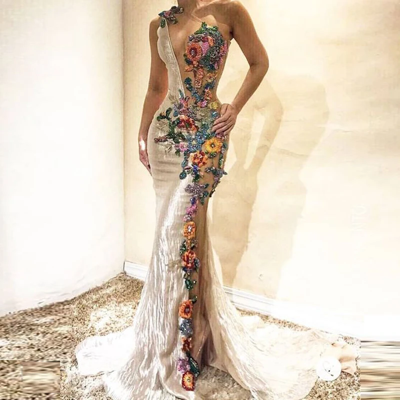 One Shouder Mermaid Evening Dresses Colorful Embroidery Flower Applique Lace Sheer Prom Dress 2020 Women Party Gown