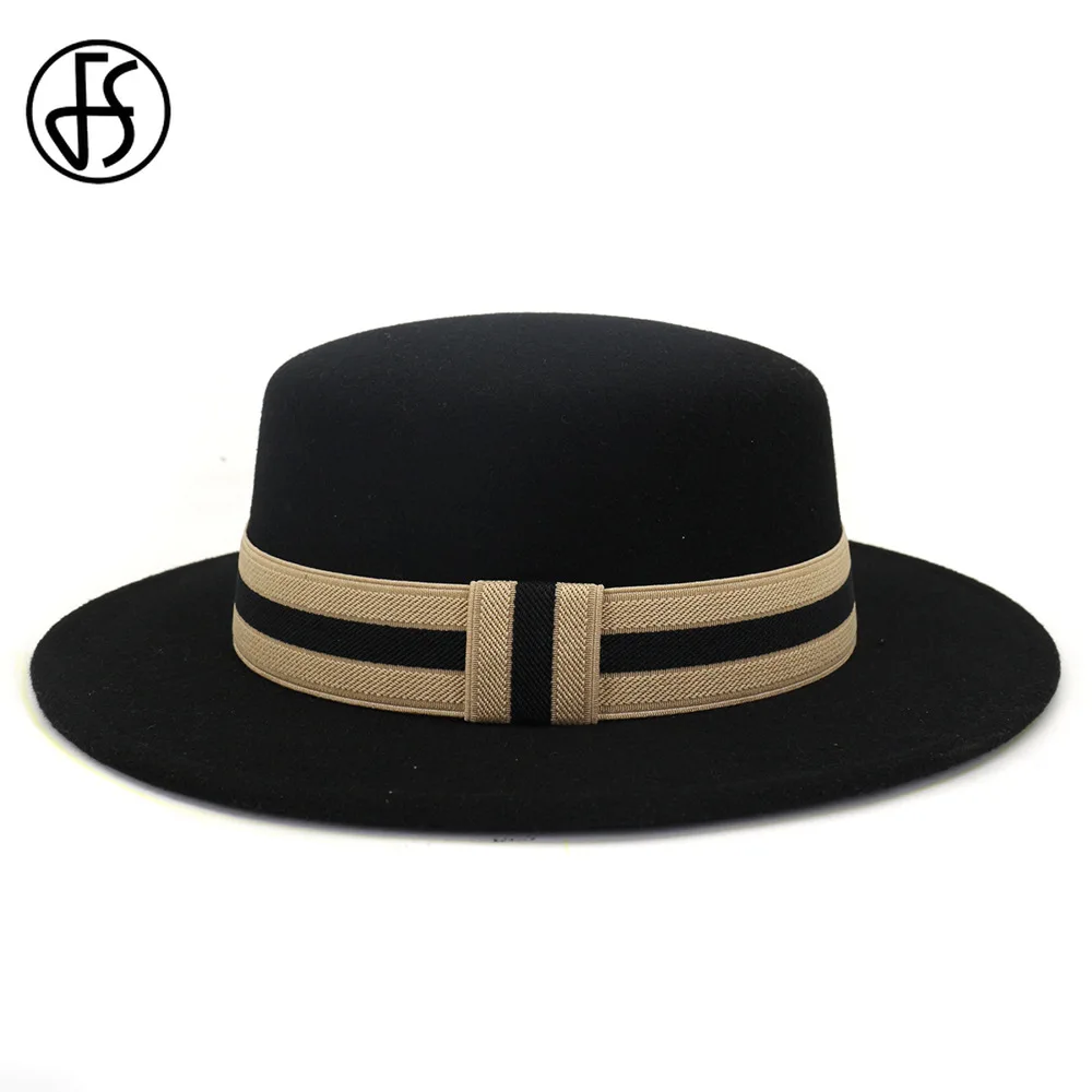 FS Men Women Wool Felt Fedora Bowler Hat with Ribbon Band Elegant Wide Brim Flat Top Party Jazz Cap Black Red Army Green Hats