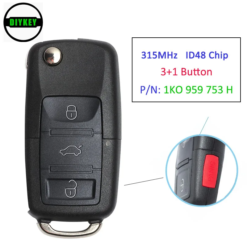 

DIYKEY Flip Remote Key 3+1 Button 315MHz ID48 Chip for Volkswagen Rabbit Jetta Golf GTI Eos CC P/N: 1KO 959 753 H