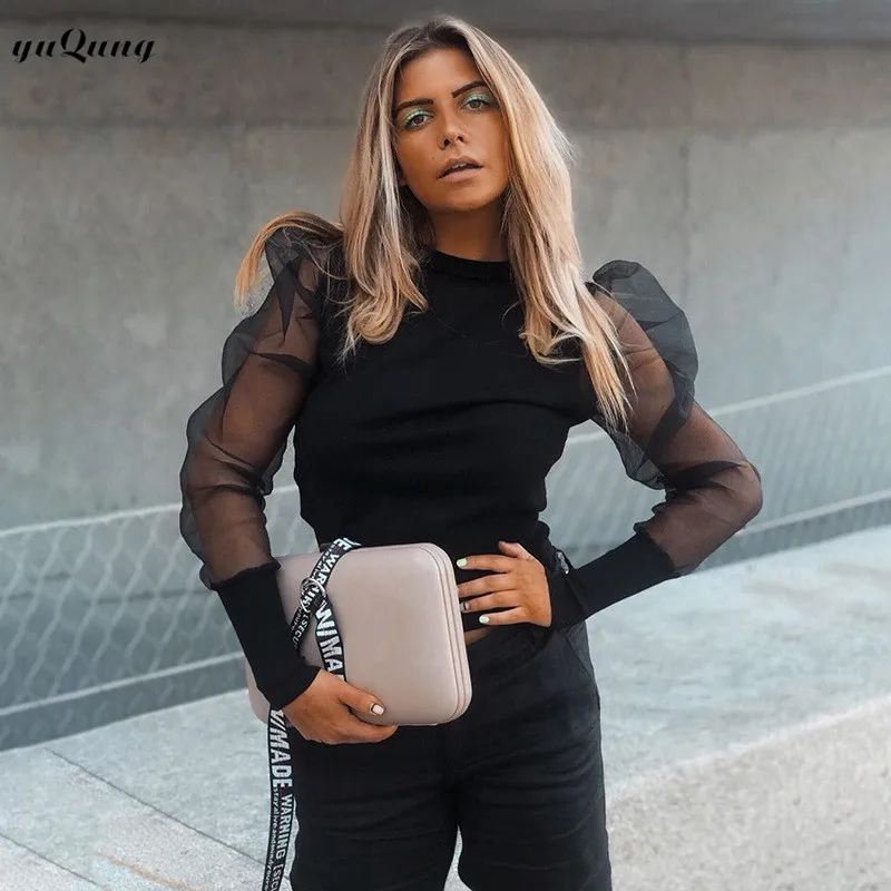 Yuqug-mulheres organza puff manga comprida camisola de malha, camisola fina, cor preta, outono 2019